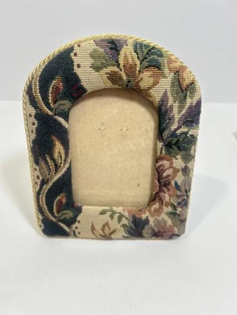 Vintage Floral Tapestry Picture Frame W/ Arched Top Twisted Gold-Tone Cord Trim